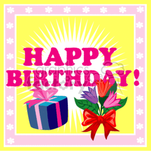 A vibrant birthday greeting card with 'Happy Birthday' text, a wrapped gift, and colorful flowers.