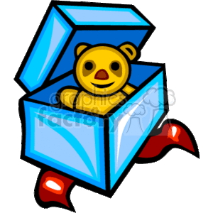 The image depicts a cartoon-style representation of a cute yellow teddy bear popping out of a blue gift box with a lid ajar. The box sits on a surface with red ribbon or paper strewn around it, indicating it may have been recently unwrapped. The image conveys themes of surprise, gifting, and celebrations such as birthdays, anniversaries, or other festive occasions.
