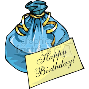 A colorful clipart image showing a blue gift bag with yellow ribbon and a 'Happy Birthday' card attached.