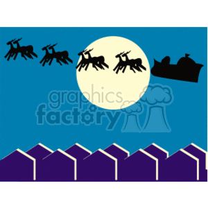 The clipart image depicts a stylized night scene of a town with row houses, represented by simple shapes with pointed rooftops, against a dark blue background. Above the houses, in a lighter blue sky, is a large, full, bright yellow moon. Silhouetted against the moon are reindeer and a sleigh in mid-flight, suggesting that Santa Claus is on his way to deliver presents for the Christmas holidays. The image gives off a festive and seasonal feel.
