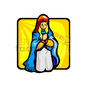 The image is a stylized clipart representation of the Virgin Mary, as typically depicted in Nativity scenes during the Christmas season. She appears to be praying or contemplating, with her hands clasped together. She is wearing a blue robe with a yellow outline that suggests a halo or divine light behind her. The background is a simple yellow square with radiating lines to emphasize her significance.
