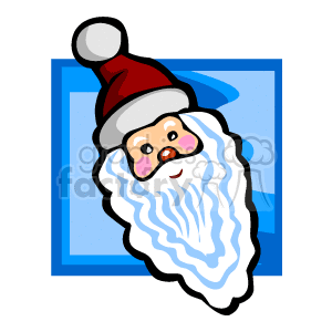 The clipart image contains a stylized illustration of Santa Claus's face. Features include a long white beard, a red Santa hat with white trim and a white pom-pom, rosy cheeks, a jolly expression, and a blue background that may represent the chilly winter season.