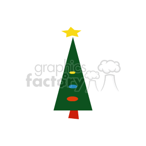 The image depicts a stylized, simplified Christmas tree with a pointed triangular shape in a solid green color. There are brightly colored oval-shaped bulbs or decorations adorning the tree, and at its apex sits a large yellow star. The base of the tree is represented with a contrasting red color, possibly implying a tree stand or container.