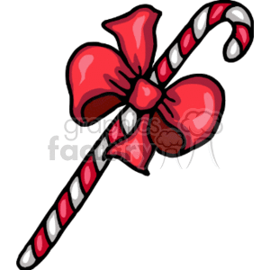 The clipart image depicts a red and white striped candy cane tied with a red ribbon that forms a bow. The candy cane is a classic symbol associated with Christmas and is often used as both a decoration and a sweet treat during the holiday season.