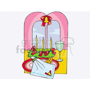 Clipart of a Christmas dining table with candles, wreath, a goblet, and festive decor.