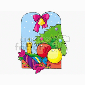 Clipart image of a festive scene featuring Christmas ornaments, a decorated Christmas tree, a burning candle, and a hanging bell with a ribbon.