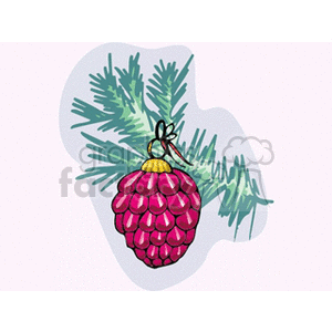 Illustration of a pink Christmas ornament shaped like a pine cone hanging from a green pine branch.