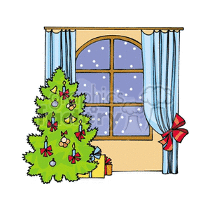 Clipart of a decorated Christmas tree next to a window with snow falling outside.