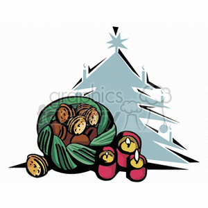 Clipart image of Christmas-themed items including a basket of nuts, candles, and a stylized Christmas tree in the background.