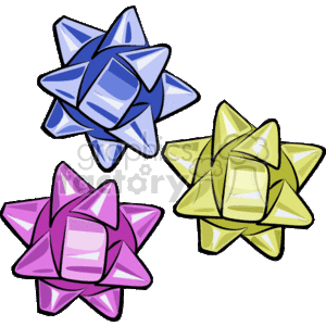 This clipart image contains three decorative gift bows commonly used for presents during Christmas or other holidays. There is one blue bow with lighter blue stripes, one gold bow with lighter gold accents, and one purple bow with lighter purple accents.