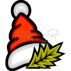 This clipart image depicts a red Santa hat with a white trim and pom-pom, lying on what appears to be a tuft of green holly leaves.