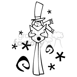 This image features a stylized representation of a male figure in a top hat and scarf, appearing to be singing with an open songbook in his hands. Surrounding the figure are swirling patterns and stars, creating a festive or whimsical atmosphere typically associated with Christmas or winter holidays. The figure might suggest a person caroling or part of a Christmas choir.