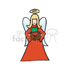 The clipart image is a simple depiction of an angel wearing a red dress and a green scarf, with a halo above its head and blue wings. The angel is holding a brown book that is open. The style is cartoon-like and suitable for a holiday-themed decoration or illustration.