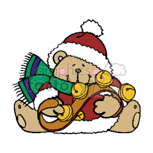 The clipart image features a cute teddy bear wearing a Santa hat and a green scarf with red trimmings, holding onto a string of golden bells, giving off festive Christmas vibes.