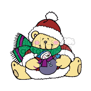 The clipart image depicts a teddy bear wearing a Santa Claus hat and a colorful winter scarf. The bear is holding a small snowman plush toy and appears to be in a cheerful, festive mood, celebrating the holiday season.