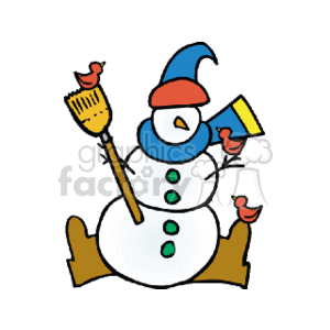In the clipart image, there is a snowman wearing a blue hat with a blue scarf. The snowman has four green buttons down its front and is holding a broom in its left hand. There are three red birds—one perched on the broom handle, one sitting on the snowman's hand, and the other on one of his feet. The snowman appears to be sitting down.