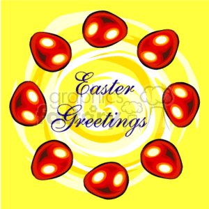 Easter Greetings with White Swirl and a Circle of Red Eggs