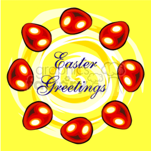   The clipart image features a vibrant, celebratory Easter theme. There are multiple glossy red Easter eggs arranged in a circle around a golden, swirling pattern. At the center of the swirl, there is a text that reads Easter Greetings in a decorative font. The background is a cheerful yellow, enhancing the festive feel of the image. 