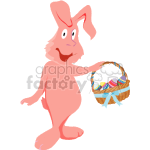 A Happy Cartoon Pink Easter Bunny with a Woven Basket of Eggs