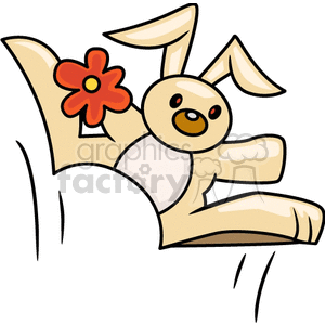 A cartoon bunny hopping while holding a red flower, representing Easter celebration.