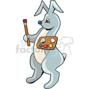 A cartoon grey Easter bunny holding a paintbrush and a palette with various colors, symbolizing creativity during the holiday season.