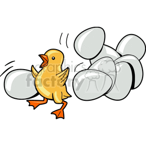 Clipart image of a cheerful yellow chick among a pile of white eggs.