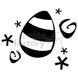 The image is a black and white clipart featuring a decorated Easter egg with horizontal stripes. Surrounding the egg are whimsical shapes including stars and swirls. The overall theme of the image conveys a festive holiday feeling associated with the Easter celebration.