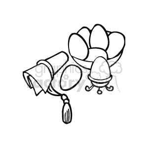 The clipart image features an assortment of Easter-related items. There are several Easter eggs, some of which are in the process of being decorated and placed in an egg holder. There is also a paintbrush, suggesting the activity of painting or decorating Easter eggs. The image is a black and white line drawing, which could be used for coloring activities.