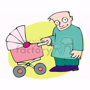 Cartoon illustration of a dad pushing a baby stroller.