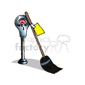 A clipart image depicting a witch's broom leaning against a parking meter with an 'expired' sign and a parking ticket attached.