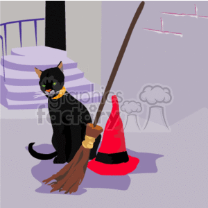 The clipart image features a classic Halloween scene with a black cat sitting next to a witch's broom and a red witch's hat. The setting suggests the doorstep of a house with a glimpse of stairs and a banister in the background. There's also a hint of the spooky ambiance with the eerie purple hue and the shadows cast on what appears to be a house's siding.