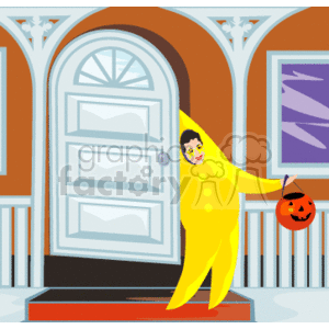 The image depicts a person dressed in a banana costume holding a pumpkin basket, presumably for collecting treats. They are standing on the porch of a house that has a front door flanked by two columns and a white fence
