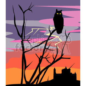 Owl sitting in a tree by a haunted house