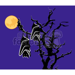 This clipart image features a Halloween-themed night scene. It includes three stylized bats hanging upside down from the gnarled branches of a leafless tree. In the background, there is a full moon with some clouds passing in front of it. The sky is colored a deep purple, enhancing the spooky atmosphere typical for Halloween.