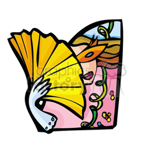 Colorful clipart of a person wearing an orange mask and holding a yellow fan, with decorative floral elements.