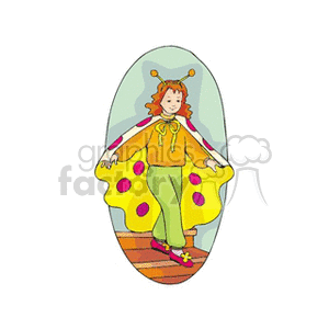 Clipart of a girl in a butterfly costume with yellow and pink wings, standing on stairs.