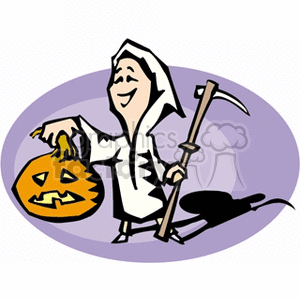 Cartoon grim reaper holding a carved Halloween pumpkin with a scythe.