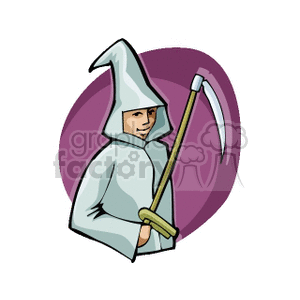 A cartoon illustration of a person wearing a white hooded costume and holding a scythe, suitable for Halloween themes.