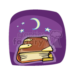 A clipart image of a book with a mystical theme, featuring a crescent moon and stars in the background.