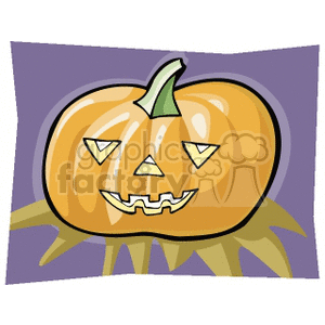 A cartoon-style Halloween pumpkin with a carved face on a purple background.