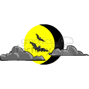 This clipart image depicts a Halloween scene that includes a large full moon in a yellow color, with two black bats flying in the foreground. In the bottom of the image, there are dark clouds or mist, which might be suggesting a spooky night sky. There are no pumpkins visible in this image. 