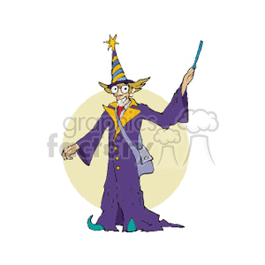 Cartoon wizard in a purple robe and star-topped hat holding a wand.