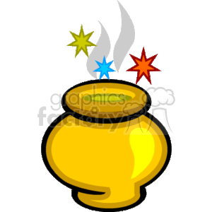 This clipart image depicts a golden cauldron with a green substance inside, from which colorful stars and a pair of grey smoke wisps are emanating. It evokes a mystical or magical theme commonly associated with Halloween.