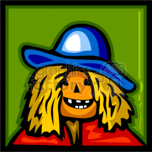   This clipart image features a cartoon-style illustration of a Halloween scarecrow. The scarecrow has a jack-o