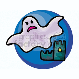 Cartoon Ghost with Castle Tower Halloween