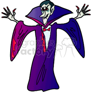 The clipart image depicts a cartoon version of a Dracula or vampire character commonly associated with Halloween. The vampire is shown with pale skin, sharp fangs, a menacing grin, and blood-red eyes. It is wearing a purple cloak with a high collar, often considered typical vampire attire. The character also has its arms raised, with red accents that might suggest blood dripping from its claws, enhancing the scary Halloween theme.