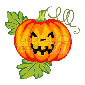 A Halloween-themed clipart image of a carved pumpkin with a smiling face and green leaves.