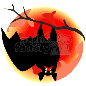 A Halloween-themed clipart image featuring a bat hanging upside down from a branch against an orange and red moon background.