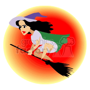 A colorful clipart image of a witch flying on a broomstick with a red and orange gradient background, depicting Halloween themes.