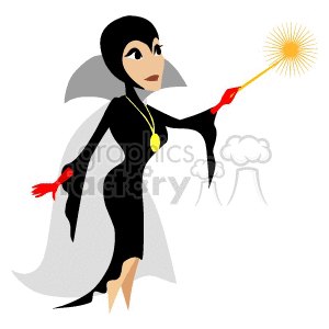 Clipart image of a mysterious figure wearing a black robe and holding a magic wand, representing a witch or wizard.